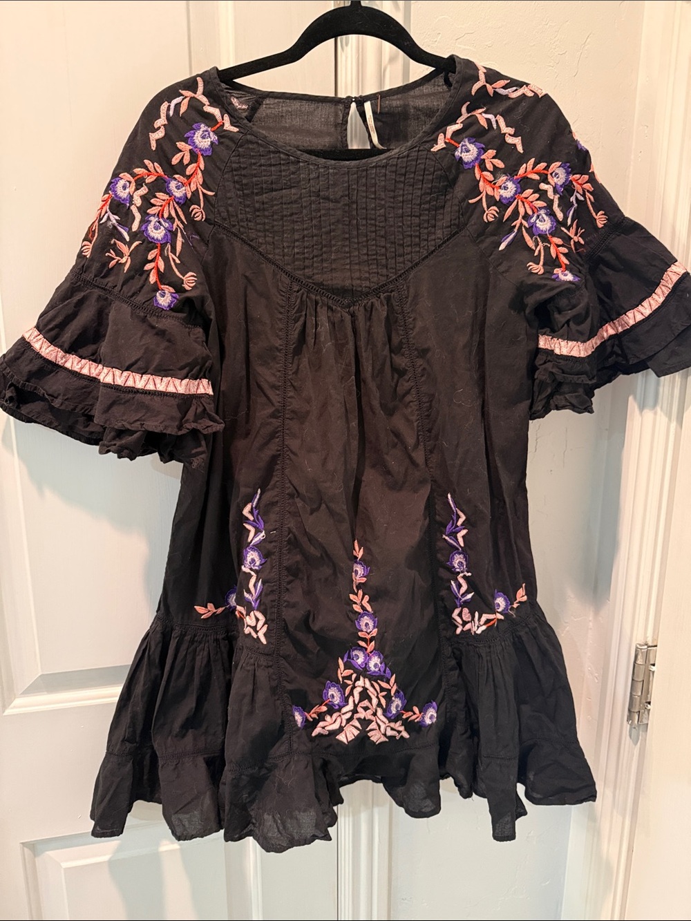 Free People Black Embroidered Flutter Sleeve Tunic